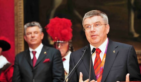 (from left to right) WOA President Joel Bouzou and IOC Vice-President Thomas Bach  at the 2012 Olympians Gala